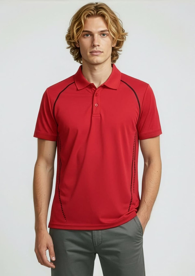 A red short sleeve polo shirt with black accents and a branded logo. Model stands confidently wearing it.