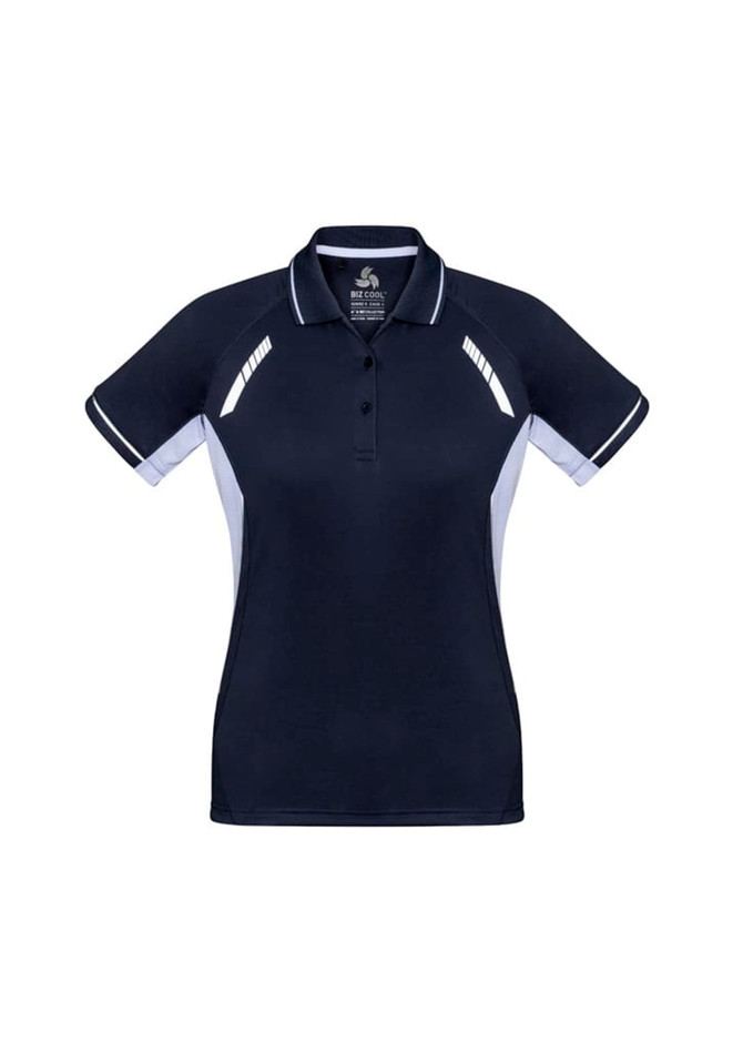 A women's short sleeve polo shirt in navy blue with white accents and a logo.
