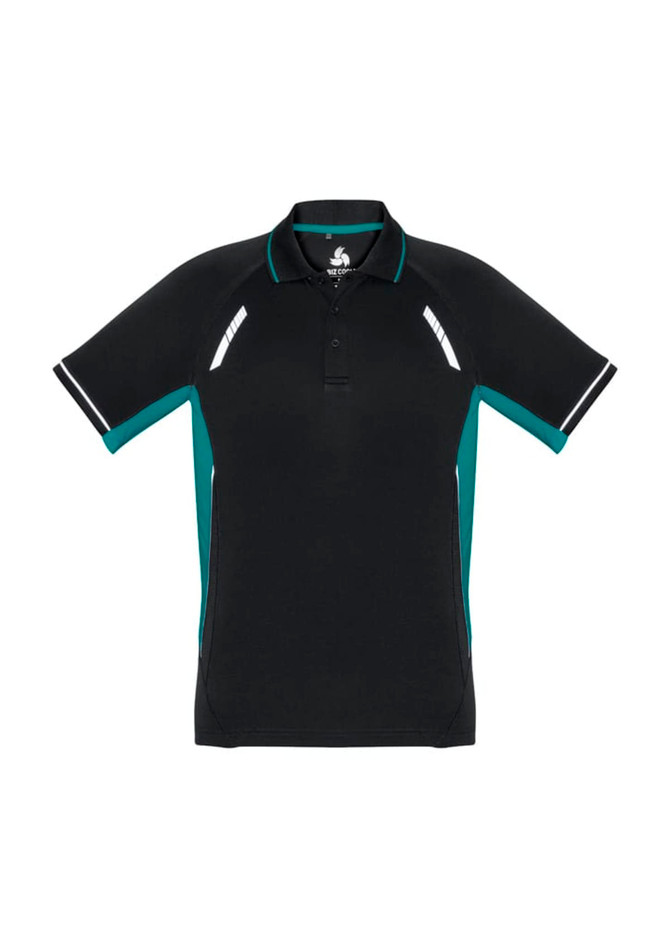 A black and teal men's short sleeve polo shirt featuring contrasting side panels and a logo.