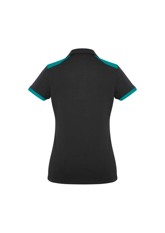 A black women's polo shirt featuring turquoise accents on the collar and sleeves, with a logo on the back.