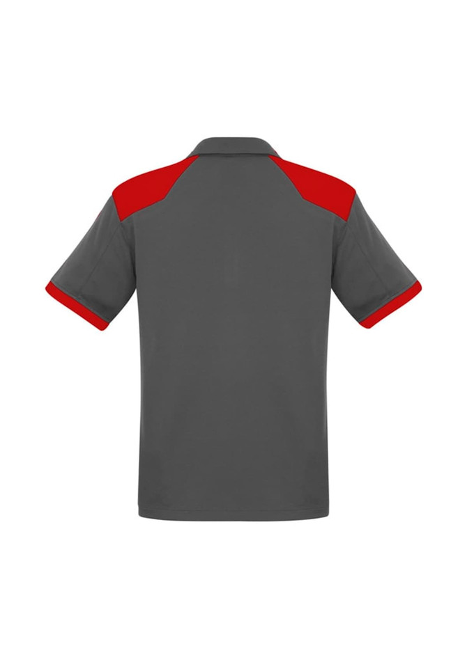 A grey short sleeve polo shirt with red shoulder and sleeve accents. Includes a logo on the chest area.