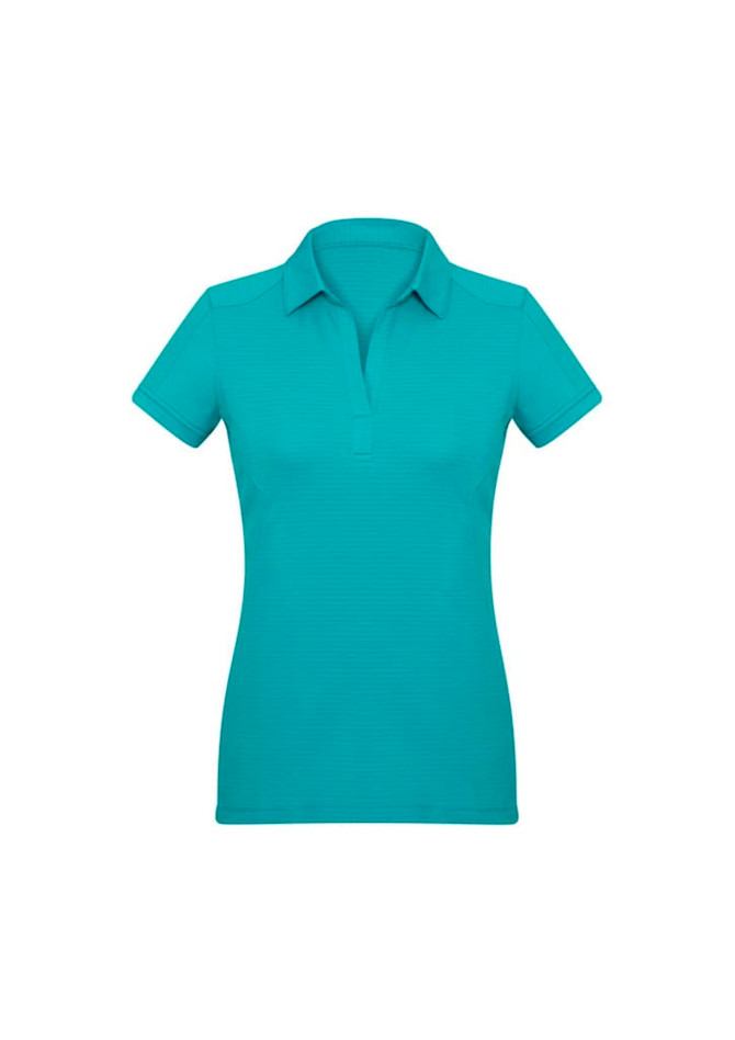 A turquoise women's profile short sleeve polo shirt featuring a simple design and a collar. It has a logo.
