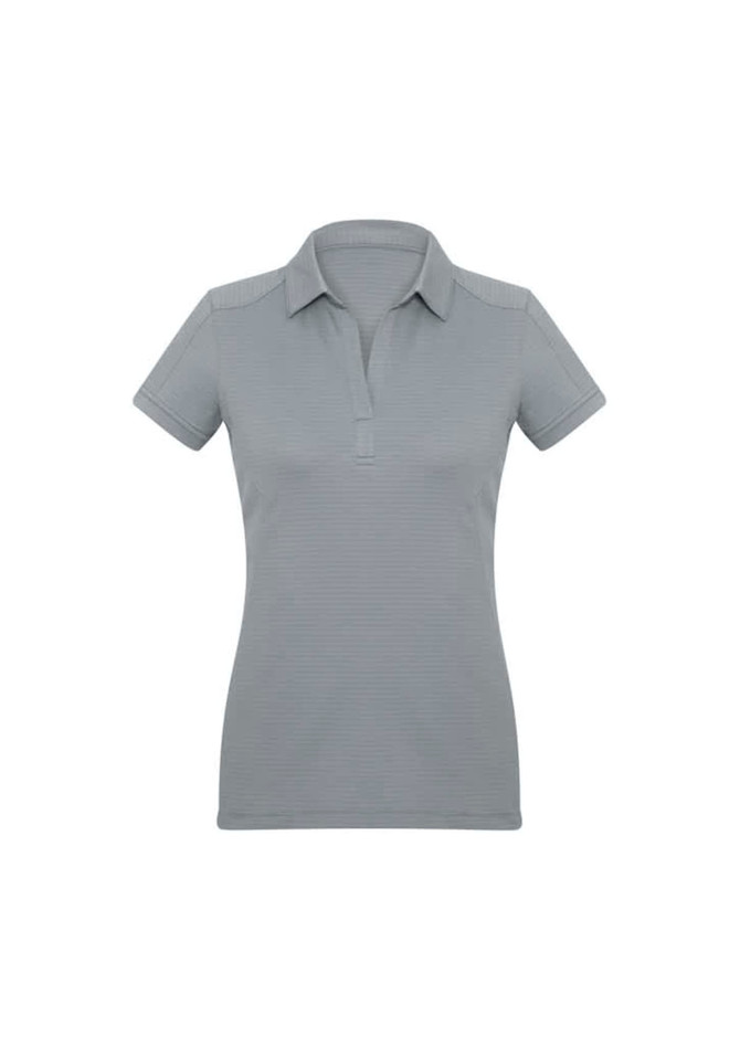 A women's short sleeve polo shirt in a light grey colour, featuring a classic collar and a logo.