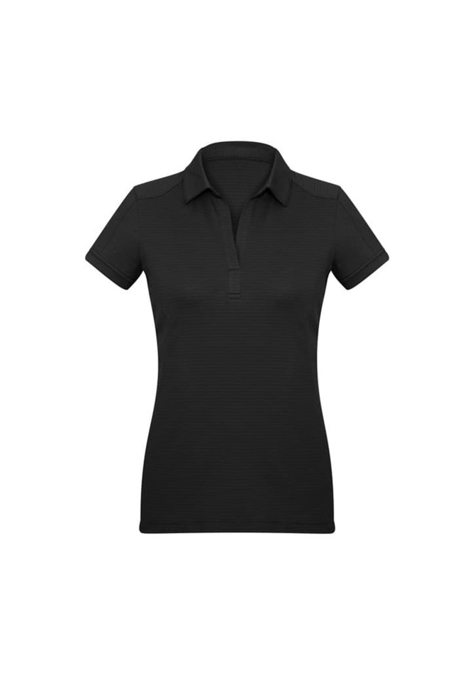 A black short sleeve polo shirt for women with a collar and a logo on the chest.