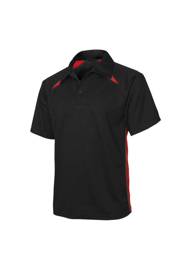 A black polo shirt with red side panels and a collar. It features a logo on the chest.