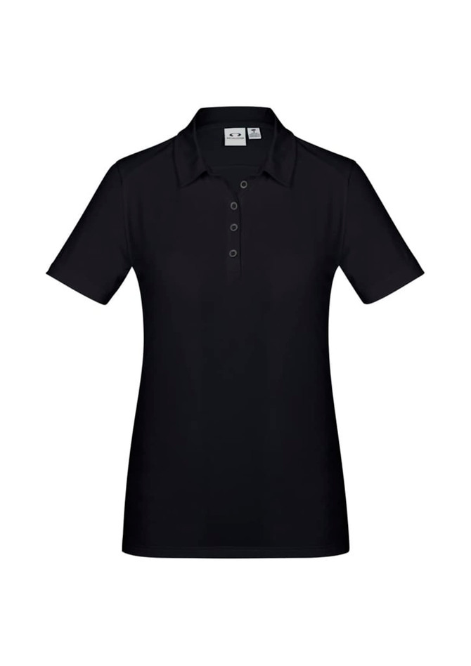 A black women's short sleeve polo shirt with a collar and a branded logo on the front.