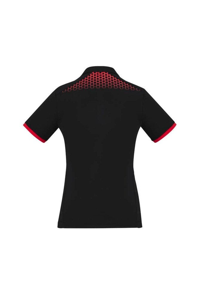 A black women's polo shirt featuring short sleeves and a grid pattern detail in red on the back.