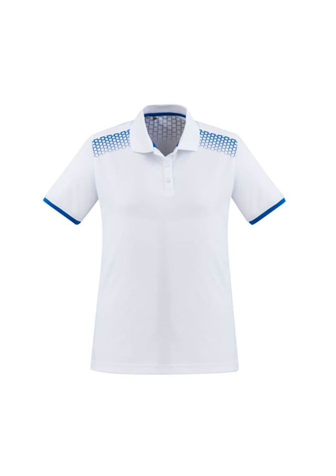 A white short sleeve polo shirt featuring a blue patterned design on the shoulders and contrasting blue accents.