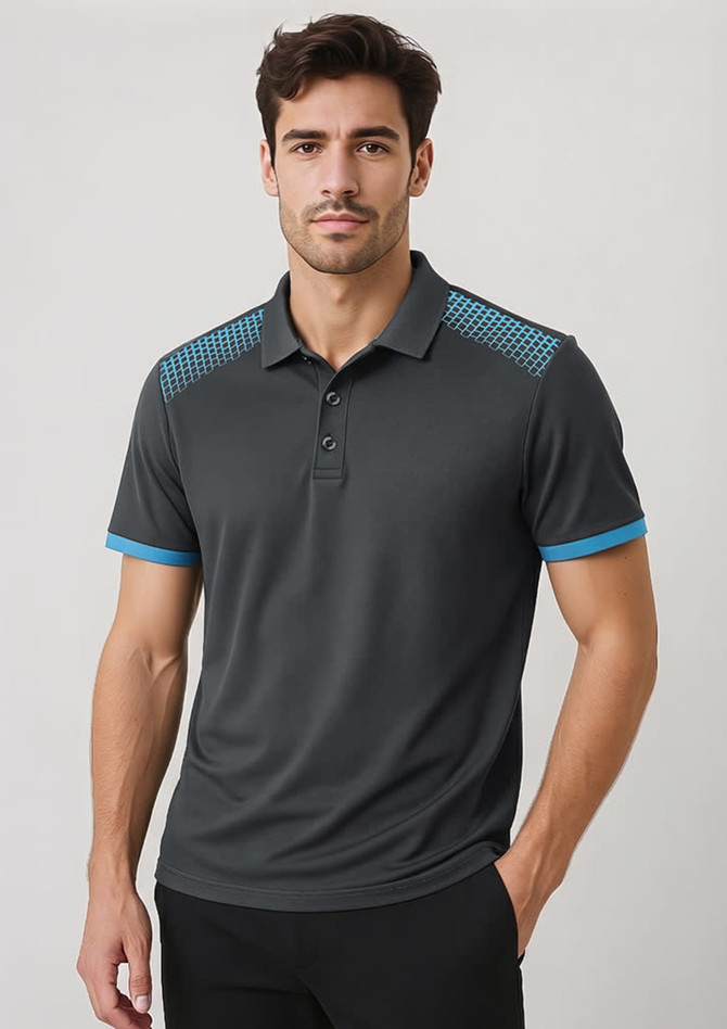A men's short sleeve polo shirt in grey with blue accents and a branded logo on the chest.