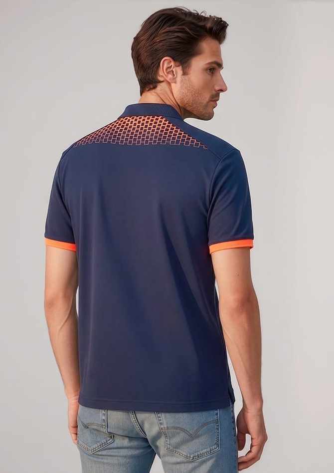 A navy blue short sleeve polo shirt with mesh detailing and orange accents at the collar and sleeves.