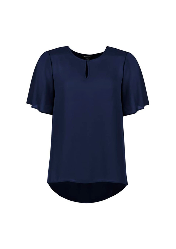 A navy short sleeve blouse with a keyhole neckline and a slight flare at the sleeves, featuring a logo.