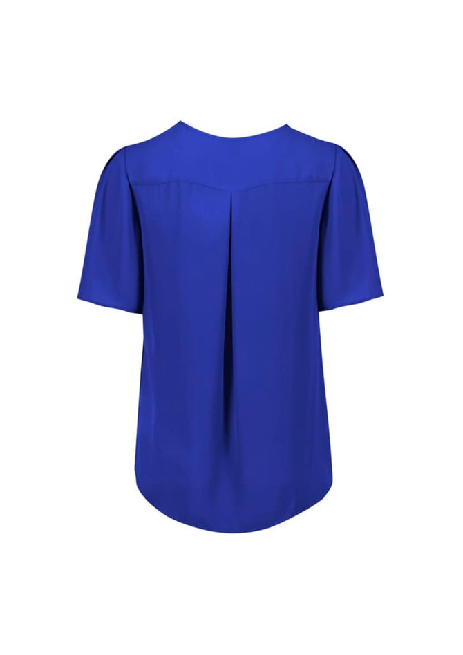 A blue women's short sleeve blouse featuring a pleated back design and soft fabric. It includes a logo.