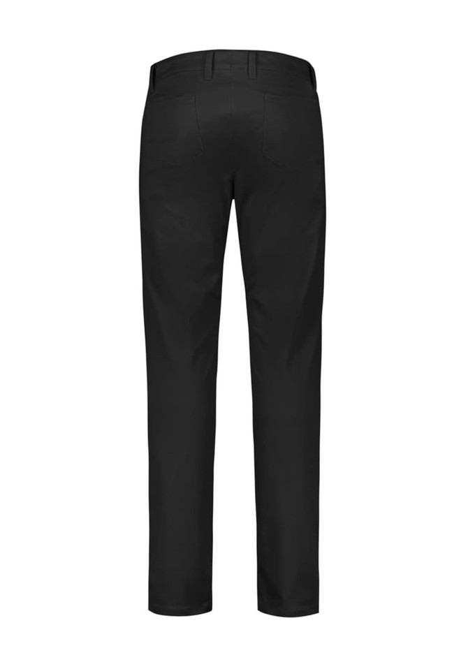 A pair of black modern stretch chino pants featuring a plain back and a logo.