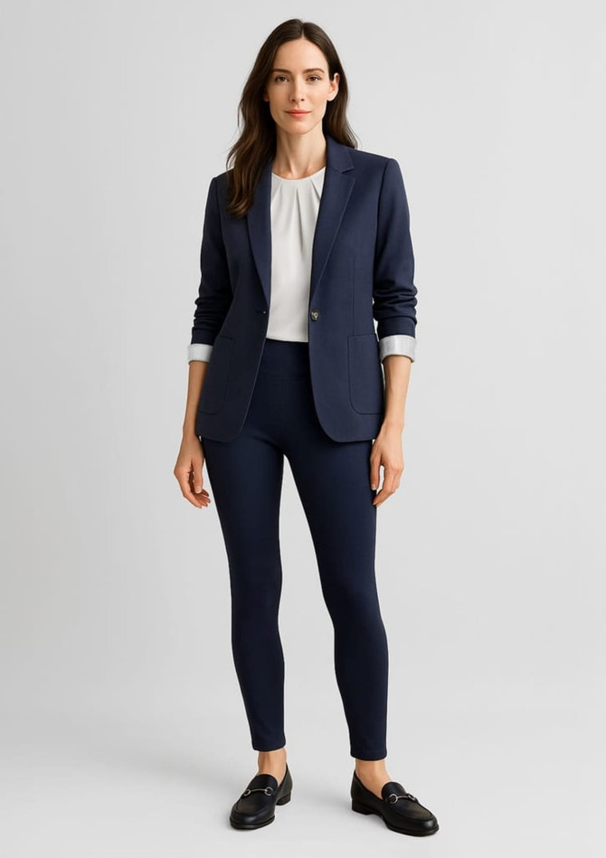 A woman stands in a navy blazer and white blouse, wearing navy high-rise pull-on leggings and black shoes.