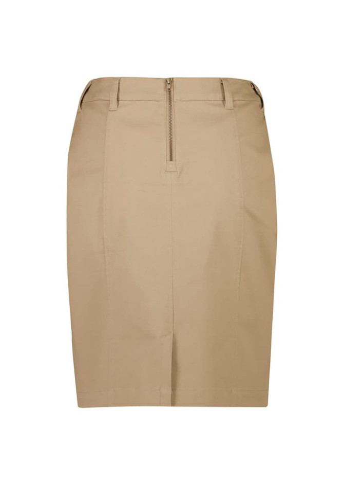 A beige mid-waist stretch chino skirt with a zip closure and belt loops, featuring a simple design and a logo.