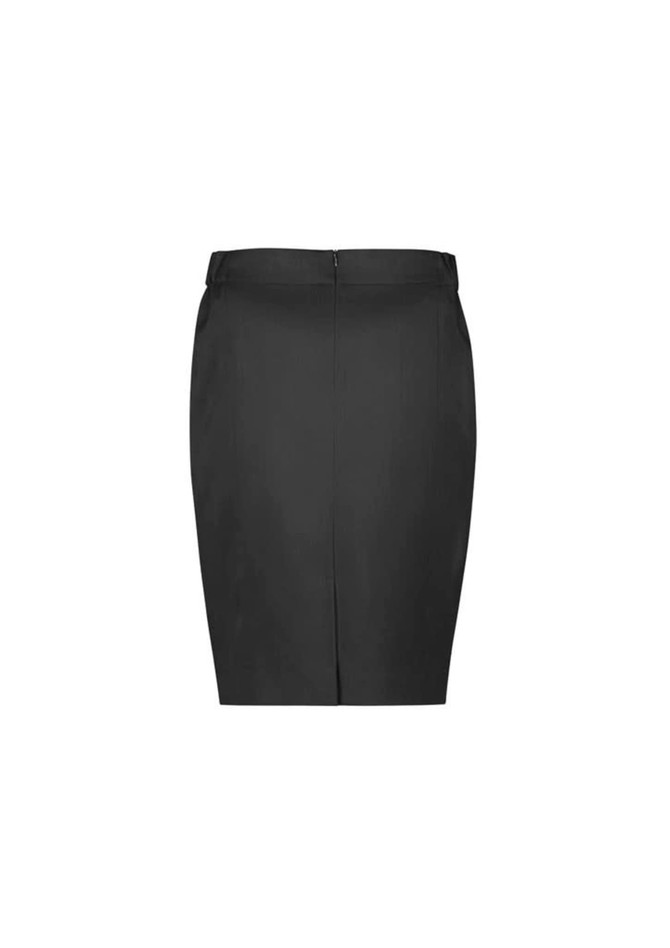 A black mid-waist pencil skirt with a sleek design and a back zipper, featuring a logo.