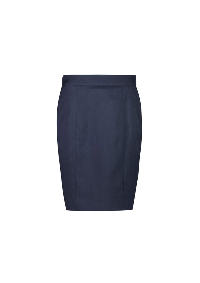 A navy blue mid-waist pencil skirt with a sleek design and minimal detailing. It features a waistband and a smooth silhouette.