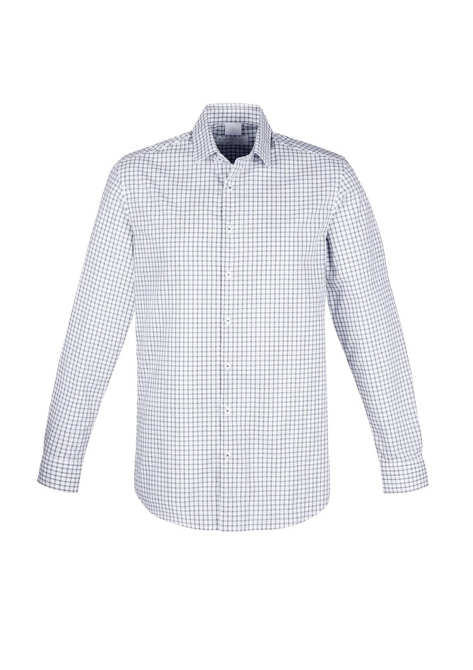 A button-up men's long sleeve shirt featuring a grey and white check pattern, with a collar and button front.