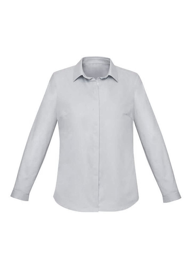 A light grey women's button-up shirt with long sleeves and a standard collar, featuring a small logo.