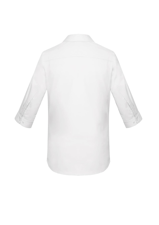 A white women's button-up shirt with 3/4 sleeves, featuring a collar and roll tab detailing.