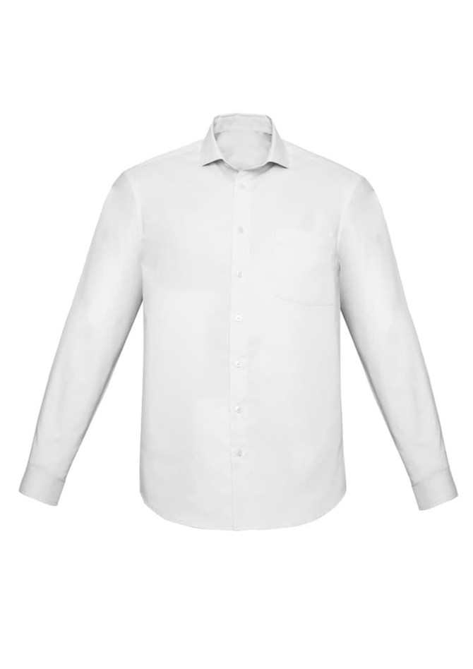 A white long sleeve button-up shirt with a classic fit and a pocket on the chest. It features a collar and buttons.