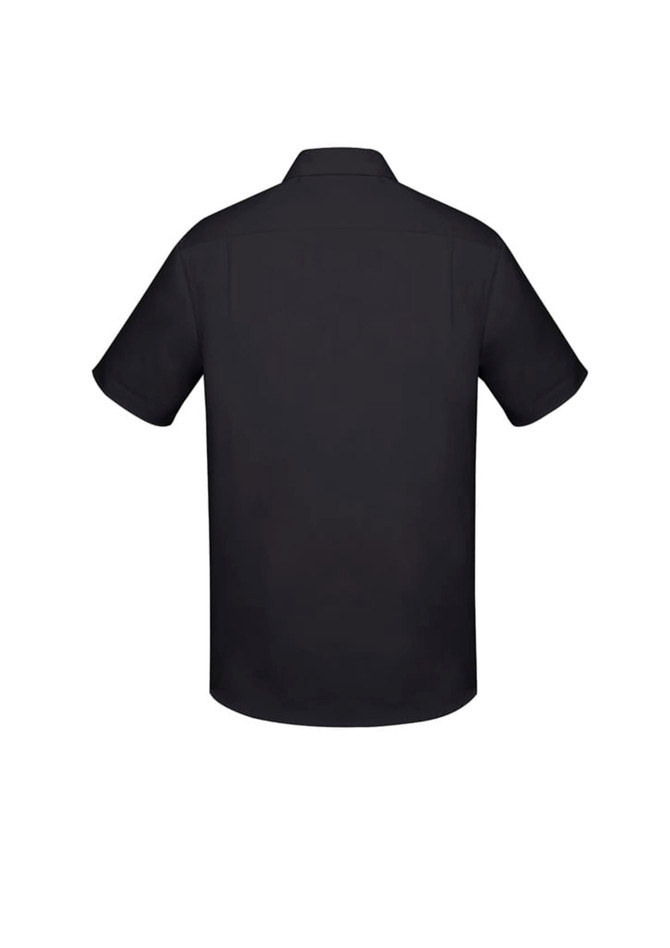 A black short sleeve button-up shirt with a classic fit, featuring a collar and back yoke.