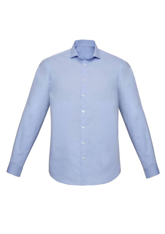 A light blue long sleeve button-up shirt with a slim fit design and a collar, featuring a logo on the label.