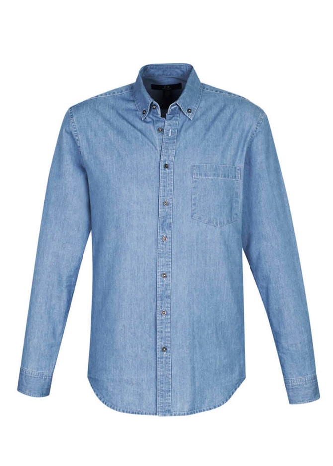 A blue long sleeve button-up shirt featuring a chest pocket and a logo on the collar.