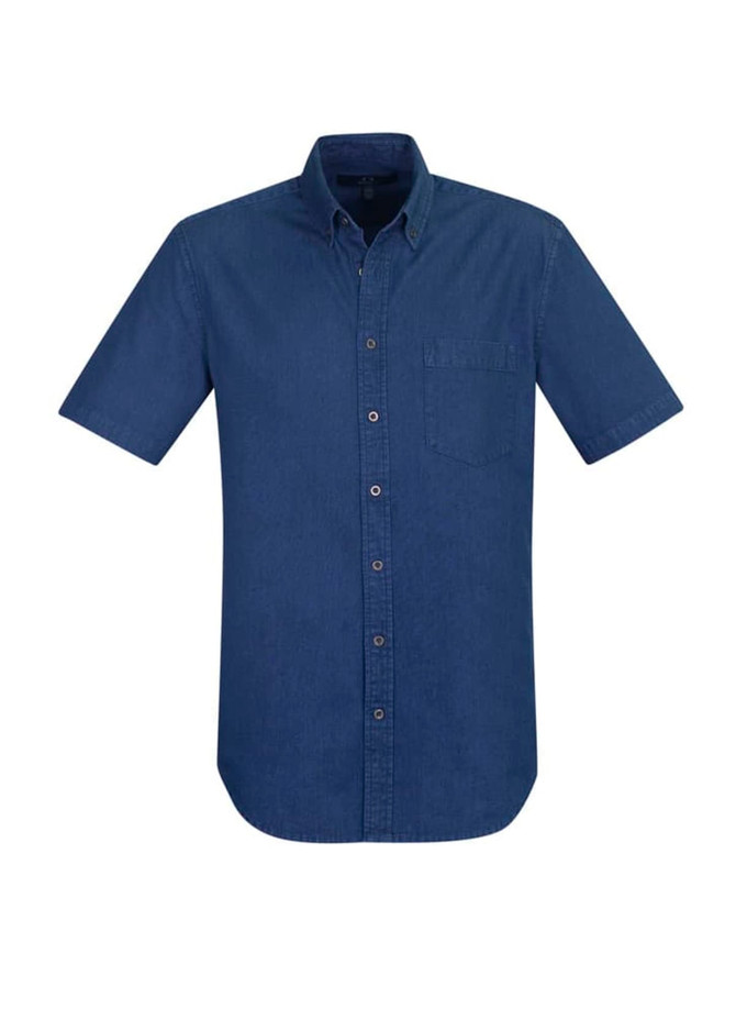 A short-sleeve, button-up men's shirt in a dark blue colour with a chest pocket and a collar.