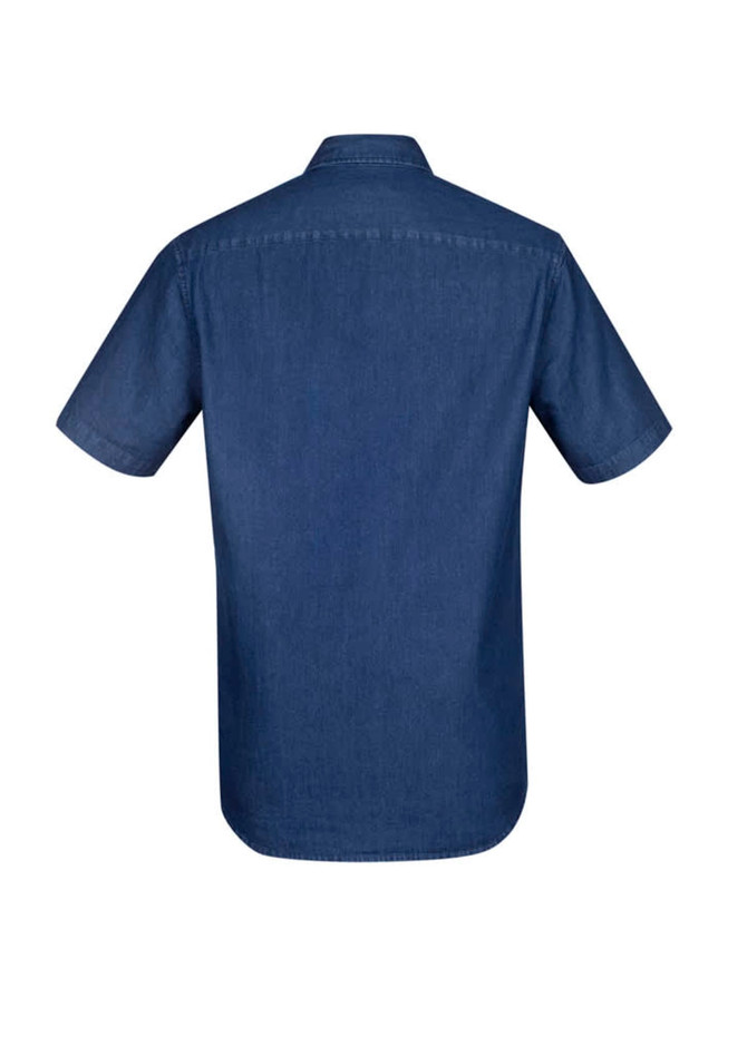 A denim blue short sleeve button-up shirt with a standard collar and a logo at the back.
