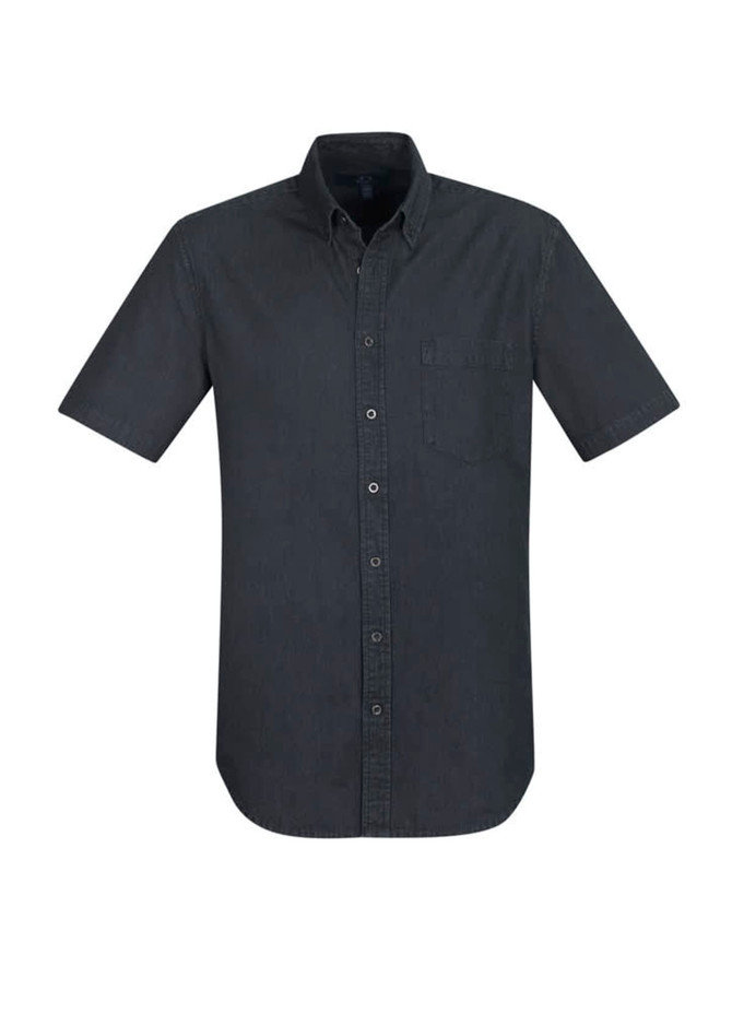 A dark grey short sleeve button-up shirt featuring a chest pocket and a collar. It has branding on the side.