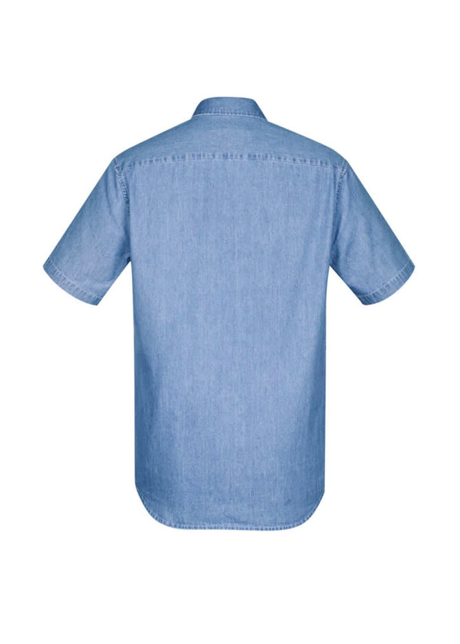 A light blue short sleeve button-up shirt, featuring a collar and a back yoke. The shirt has a branding logo.