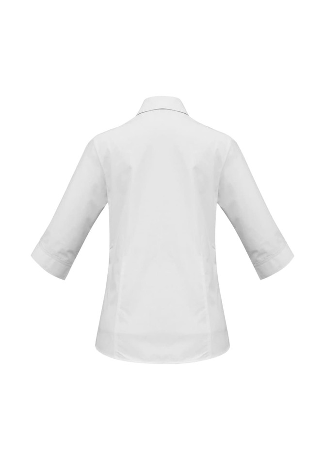 A white women's 3/4 sleeve button-up shirt featuring a rear view design and a logo.