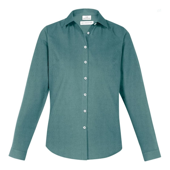 A teal long sleeve button-up shirt featuring a collar and a branded label.
