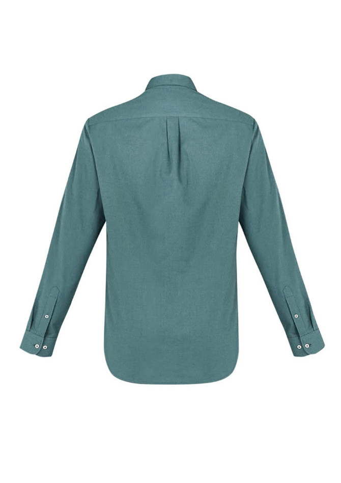 A men's long sleeve button-up shirt in teal with a classic design and a back pleat. Features cuffs with buttons.