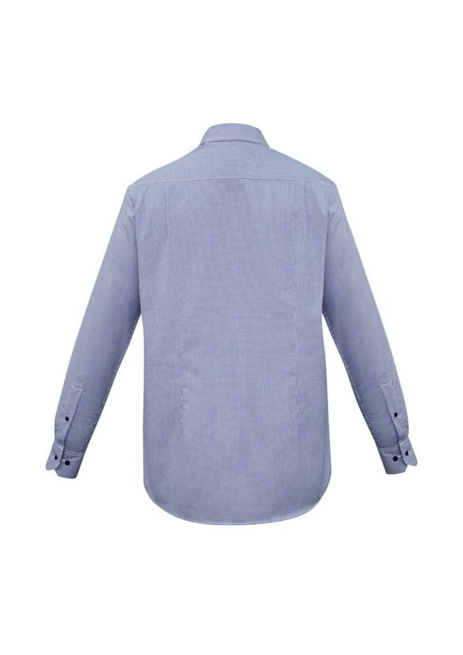 A long sleeve button-up shirt in a blue check pattern with a back view showcasing the collar and cuffs.