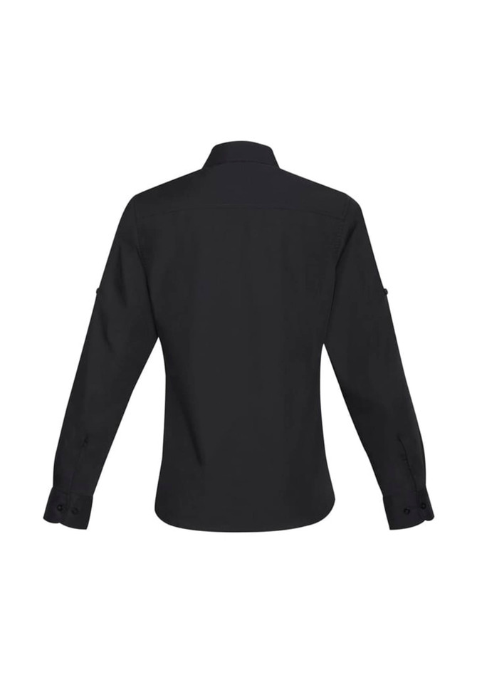 A long-sleeve black button-up shirt with a collar and rolled cuff sleeves, featuring a logo.