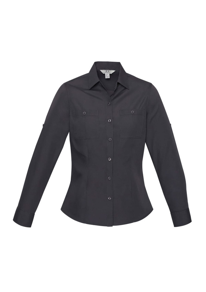 A black women's long sleeve button-up shirt with two chest pockets and a pointed collar.
