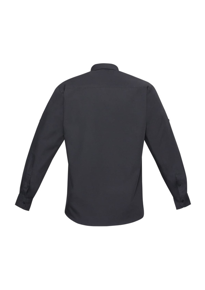 A men's long sleeve button-up shirt in dark grey, featuring a logo on the sleeve.