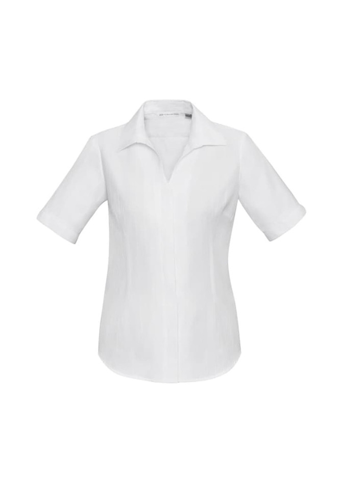 A white women's button-up shirt with short sleeves and a collar, featuring a logo.