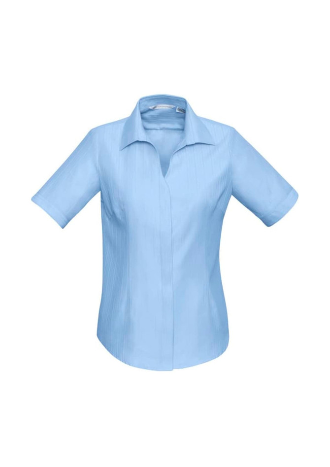 Light blue short sleeve button-up shirt with a collar and a logo.