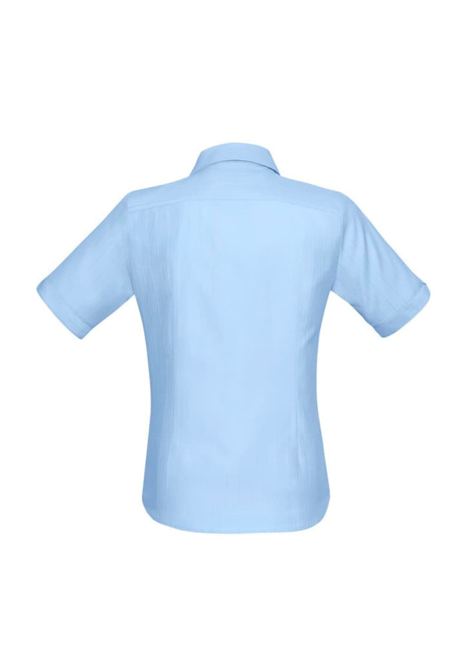 A light blue women's button-up shirt with short sleeves and a collar, featuring a logo on the back.