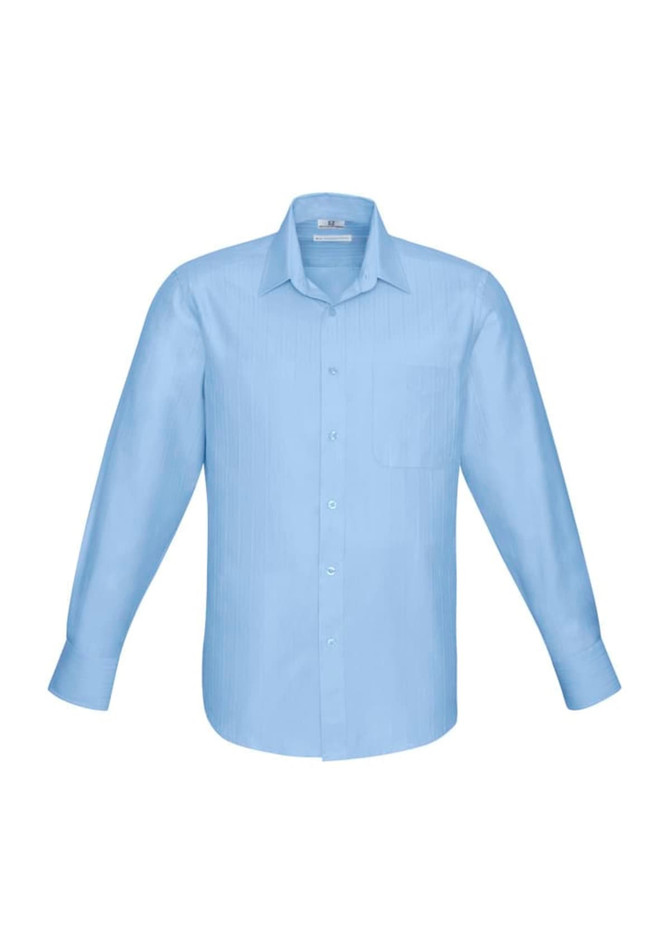 A light blue long sleeve button-up shirt with a single chest pocket and a logo.