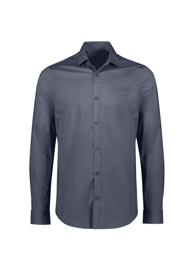 A tailored long sleeve shirt in a dark grey hue, featuring a button-up design and a brand logo.
