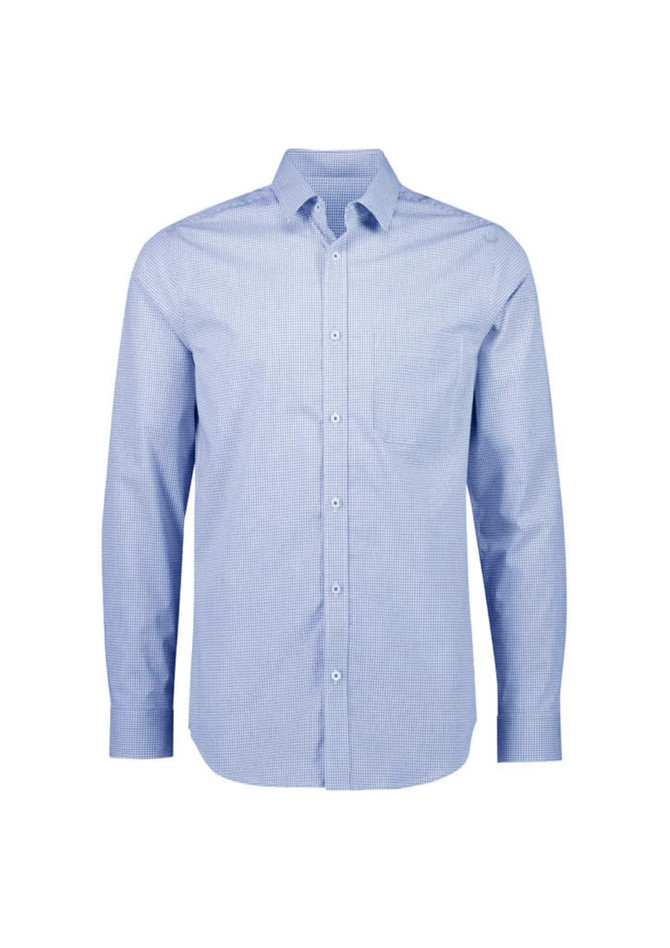 A blue and white checkered long sleeve button-up shirt with a collar and logo detail.