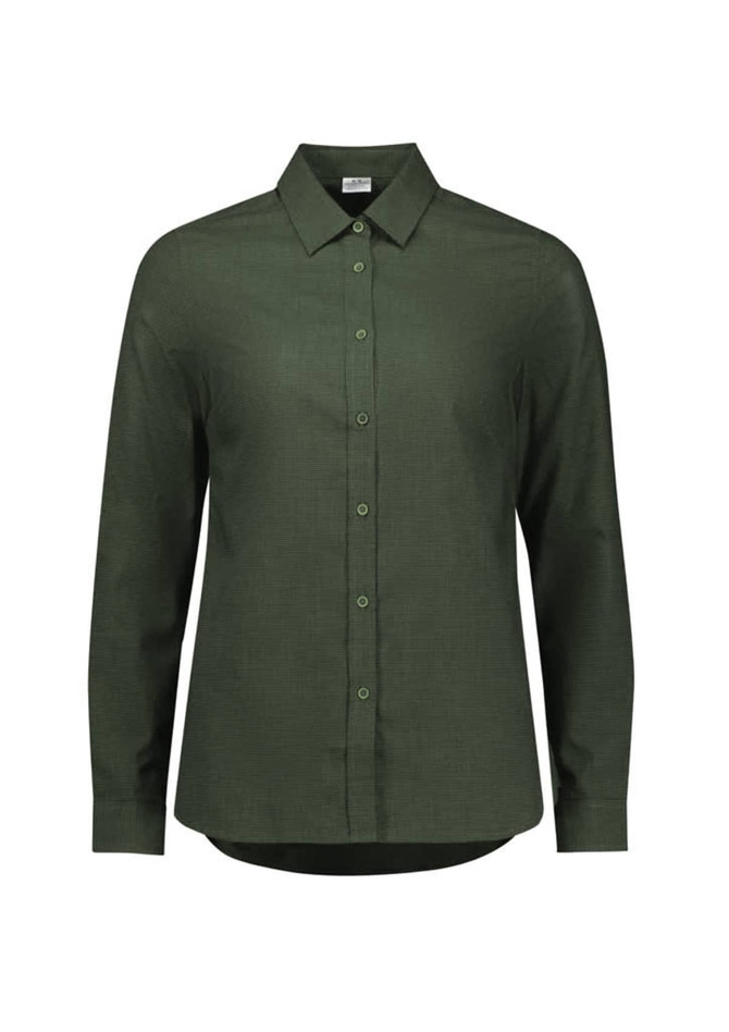 A green long sleeve button-up shirt designed for women, featuring a classic collar and a subtle texture.
