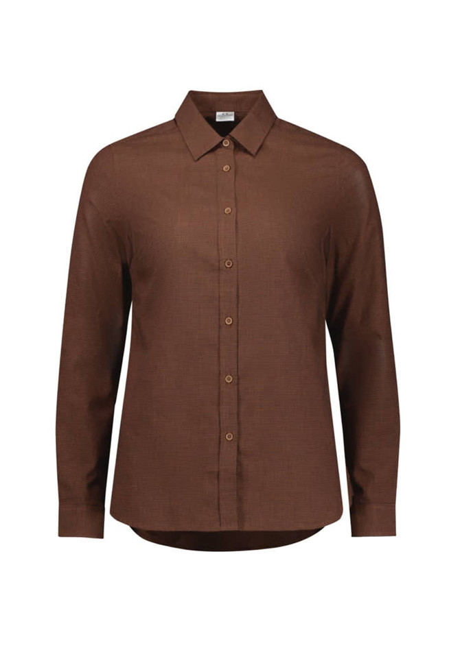 A brown long sleeve button-up shirt with a collar and a subtle textured pattern. Features a logo.