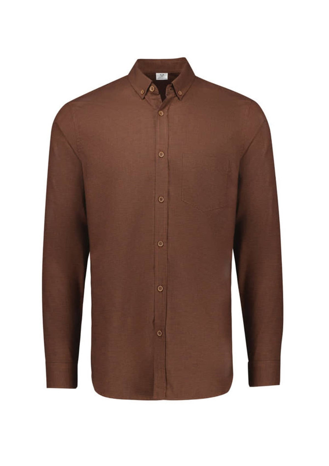 A brown long sleeve button-up shirt featuring a single chest pocket and a collar, with a logo on the label.