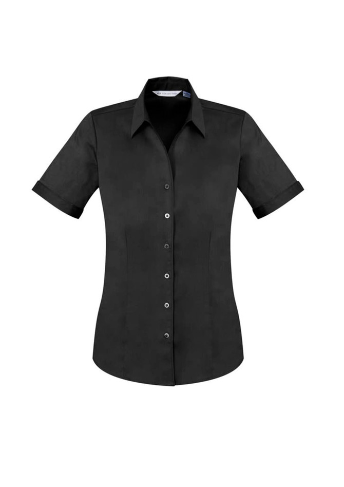 A black short sleeve button-up shirt with a fitted style and rolled sleeves, featuring a logo.