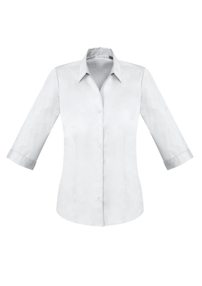 A light grey button-up shirt with 3/4 sleeves and a classic collar. It features a logo on the side.